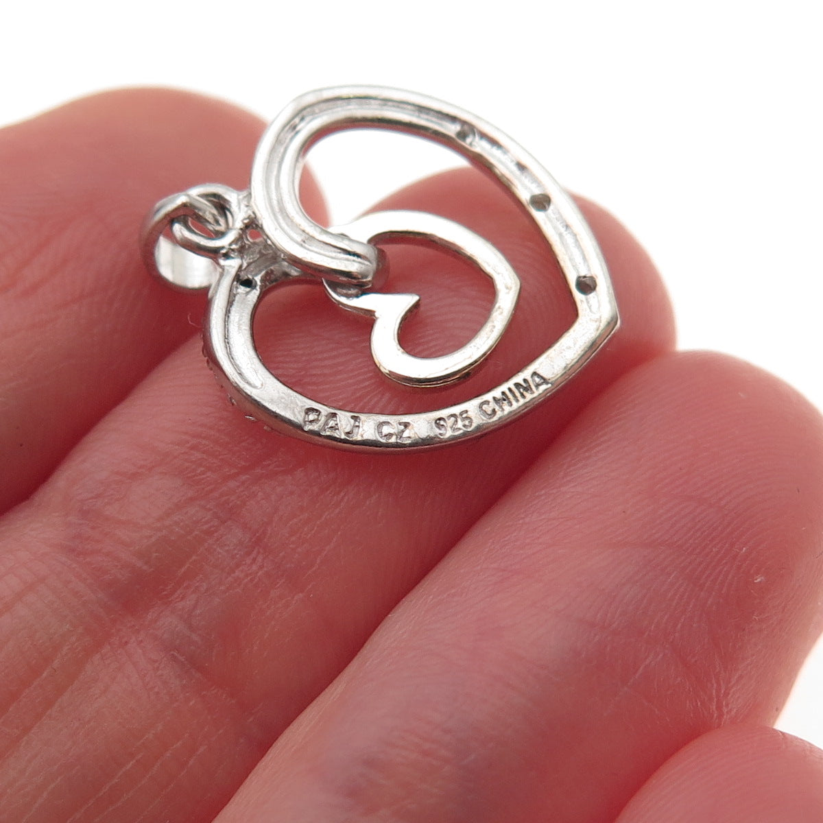 925 Sterling Silver Round-Cut C Z Double Heart Mini Charm Pendant