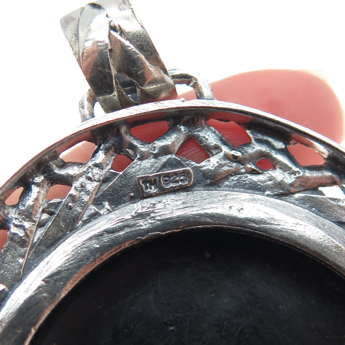 925 Sterling Silver Vintage Real Abalone Shell Ornate Large Teardrop Pendant