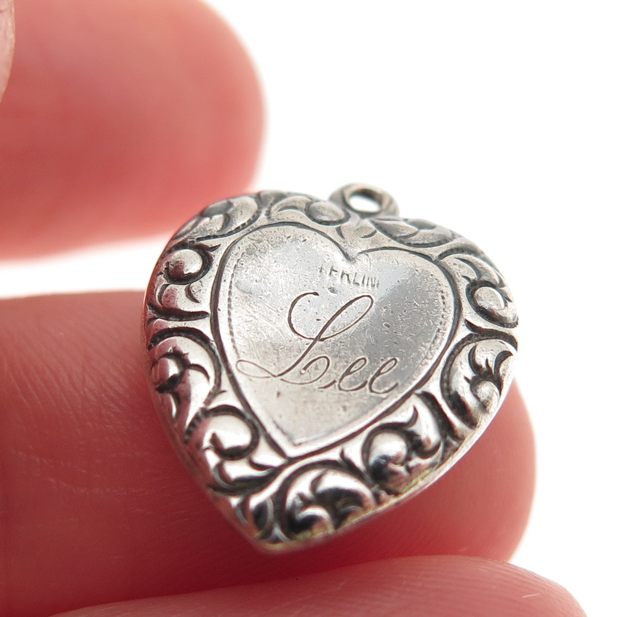 925 Sterling Antique Art Deco Engraved Heart Chatelaine Mini Charm Pendant