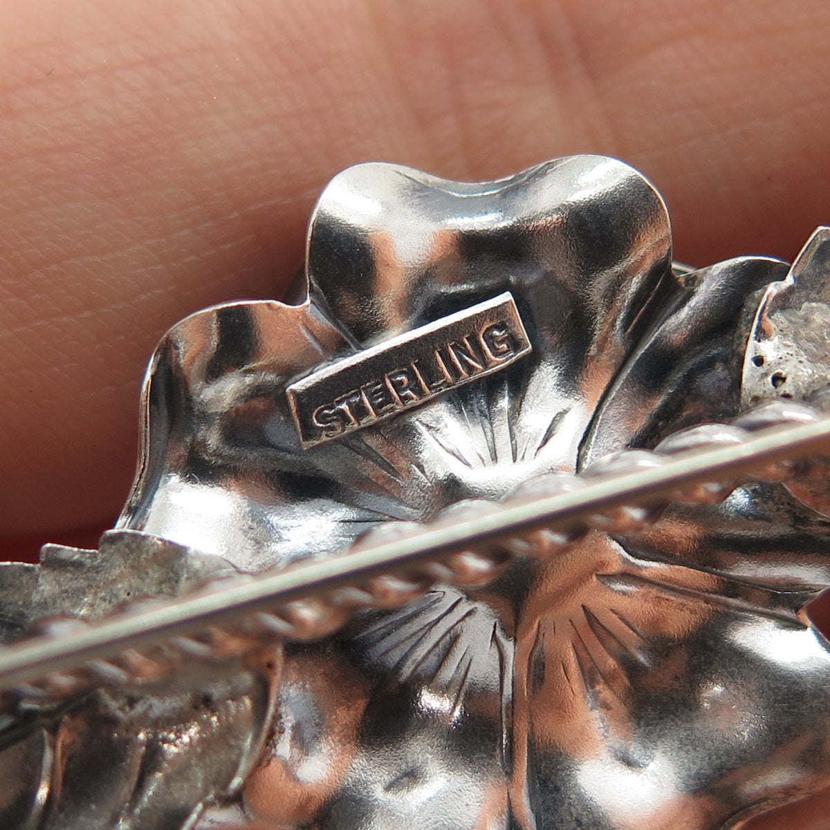925 Sterling Silver Antique Art Deco Peony Flower Oxidized Pin Brooch
