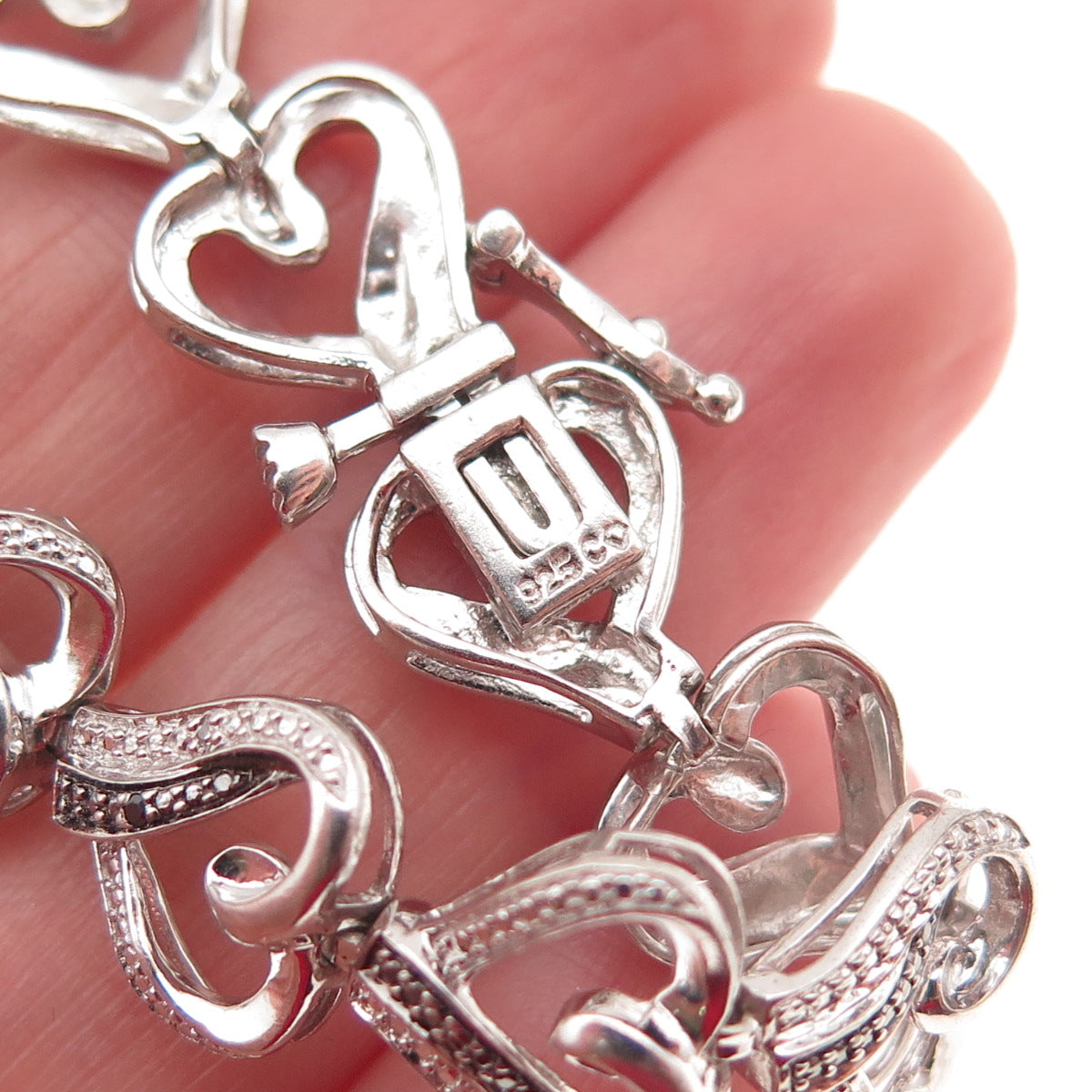 925 Sterling Silver Real Black & White Diamond Heart Link Bracelet 7.25"