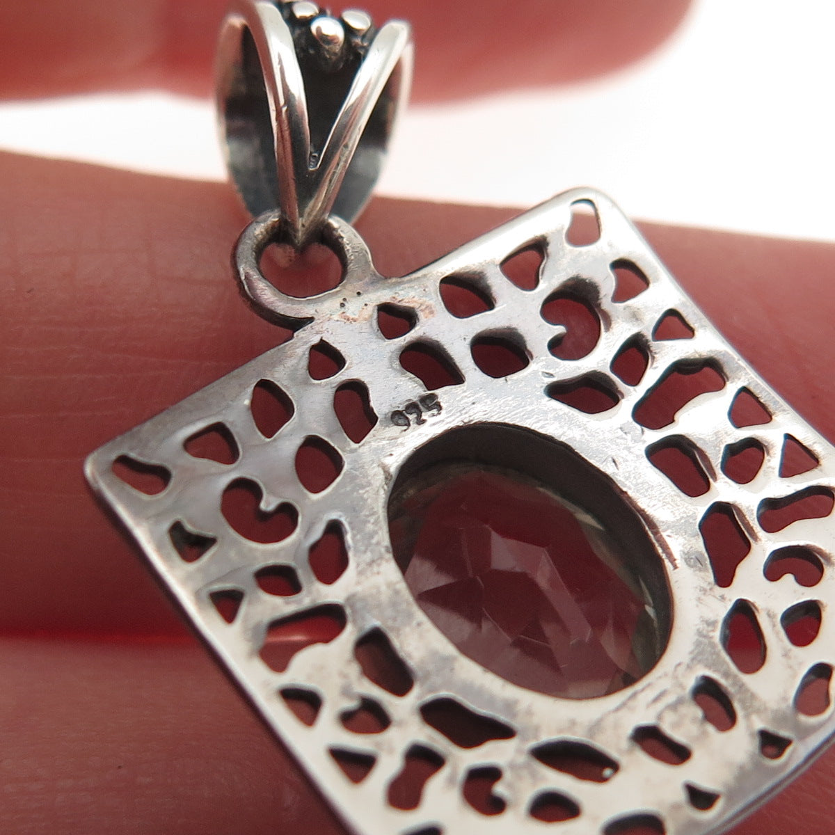 925 Sterling Silver Vintage Real Green Amethyst Modernist Charm Pendant