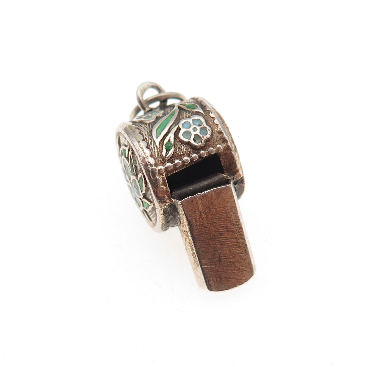 925 Sterling Silver Gold Plated Antique Art Deco Enamel Floral Whistle Pendant