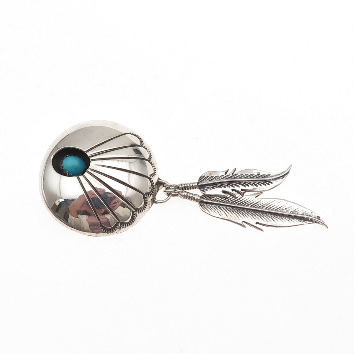 Old Pawn 925 Sterling Silver Vintage Turquoise Shadow Box Feather Slide Pendant