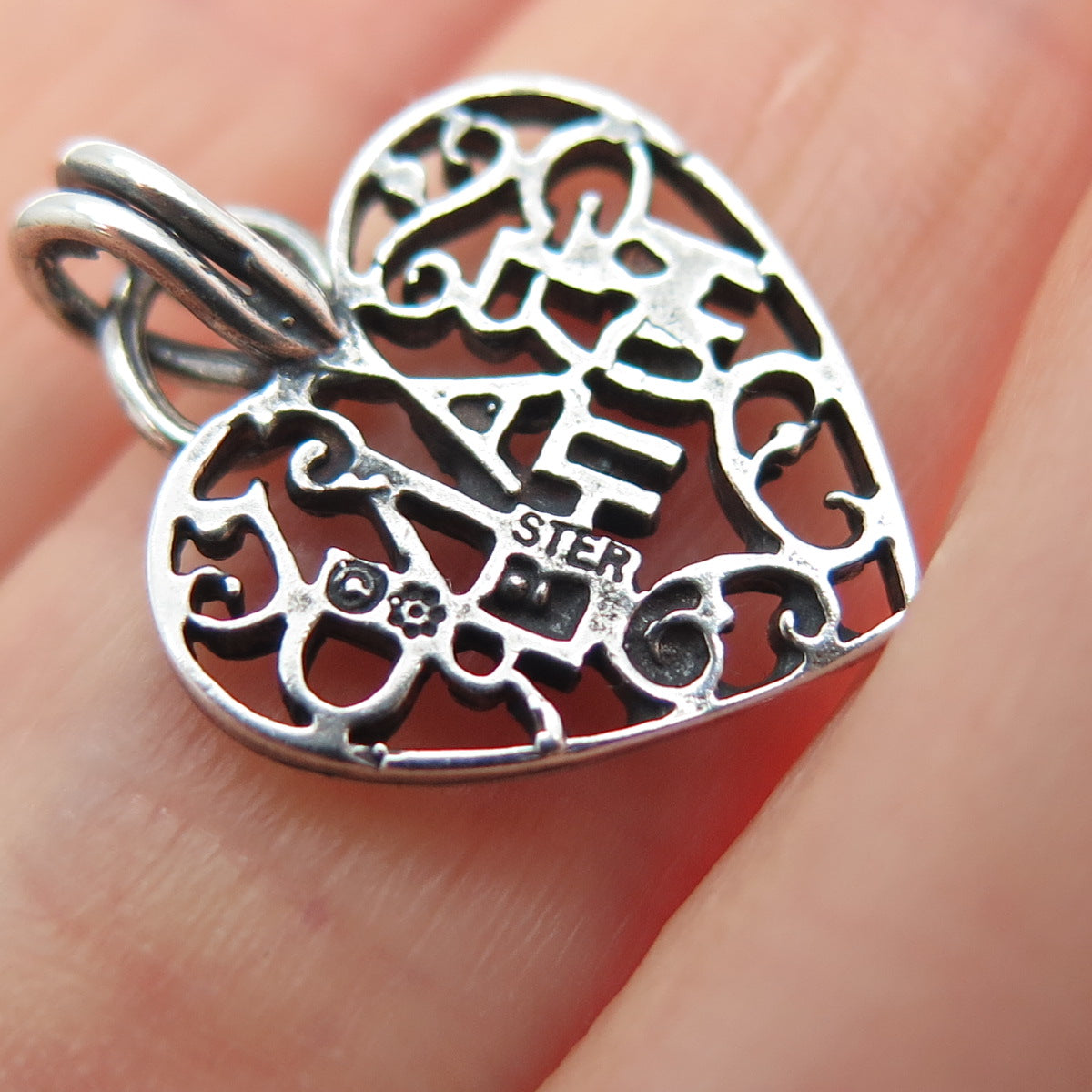 925 Sterling Silver Vintage Grandmother Heart Oxidized Minimalist Charm Pendant