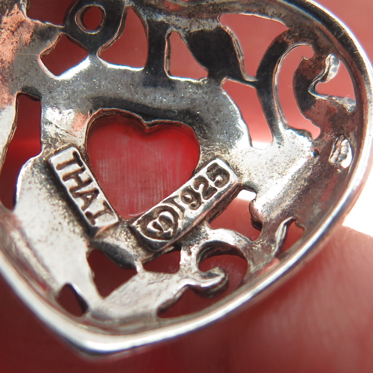 925 Sterling Silver Vintage Real Rhodonite Gemstone Flower Heart Pendant