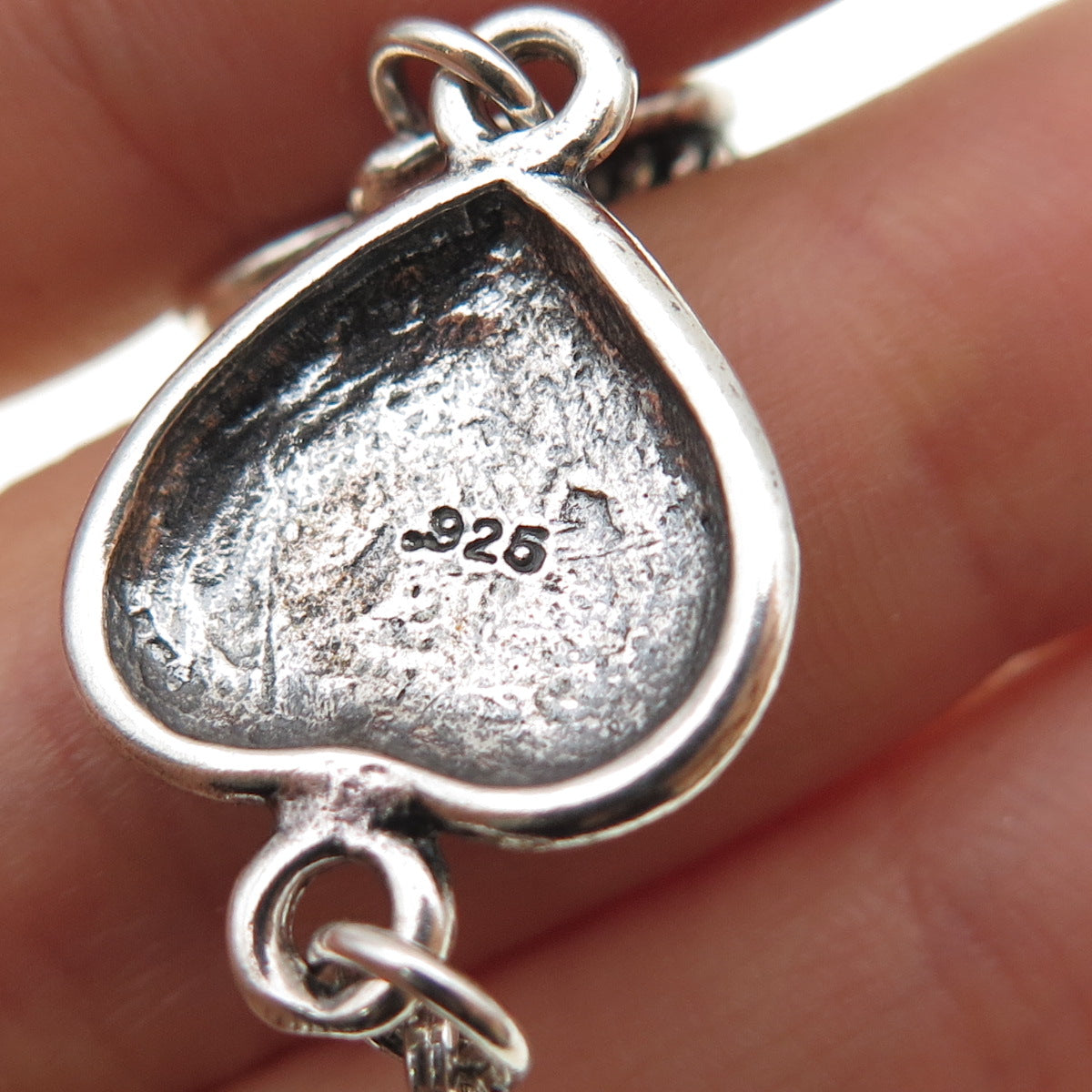 925 Sterling Silver Vintage Real Amethyst Oxidized Heart Link Bracelet 7.25"