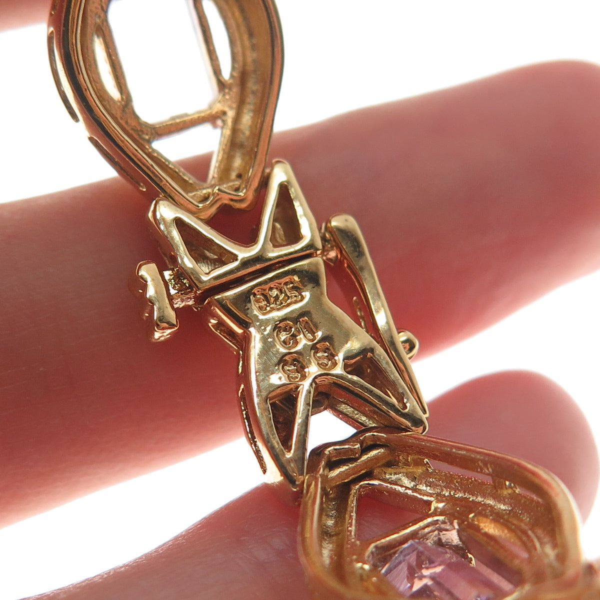 925 Sterling Silver Gold Plated Real Emerald-Cut Amethyst XO Link Bracelet 7.25"