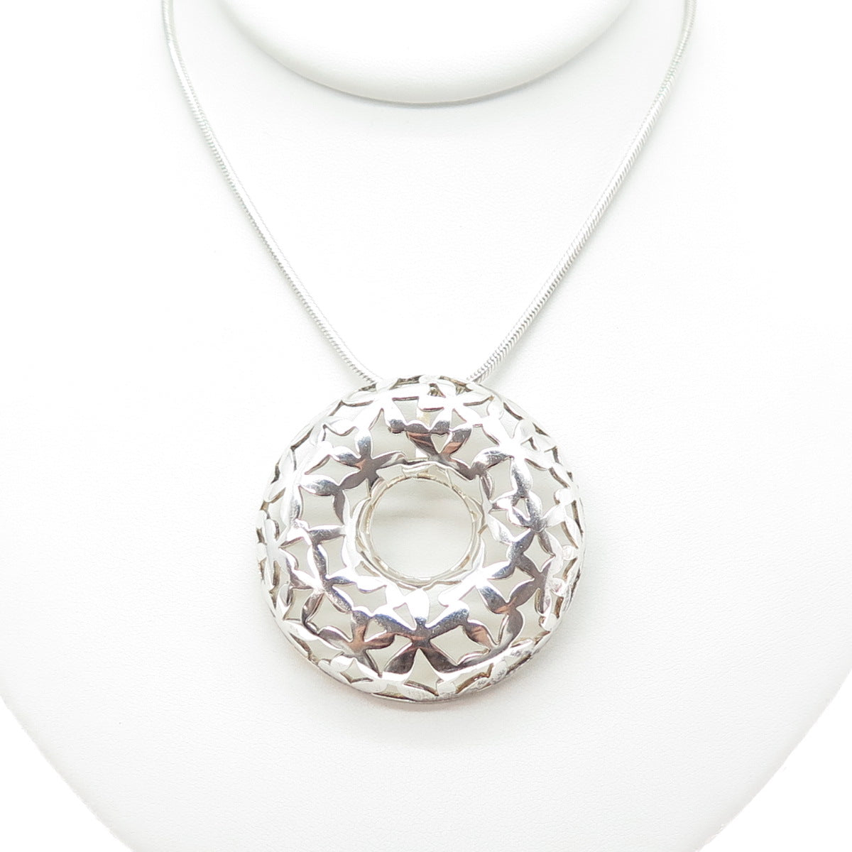 925 Sterling Silver Vintage Italy Floral Circle Pendant Snake Chain Necklace 18"
