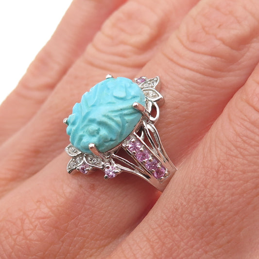 Chuck Clemency 925 Sterling Real Turquoise Pink & White Topaz Floral Ring Size 8