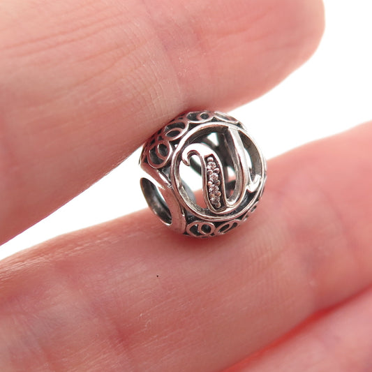 Pandora 925 Sterling Silver C Z Letter U Initial Slide Bead Charm