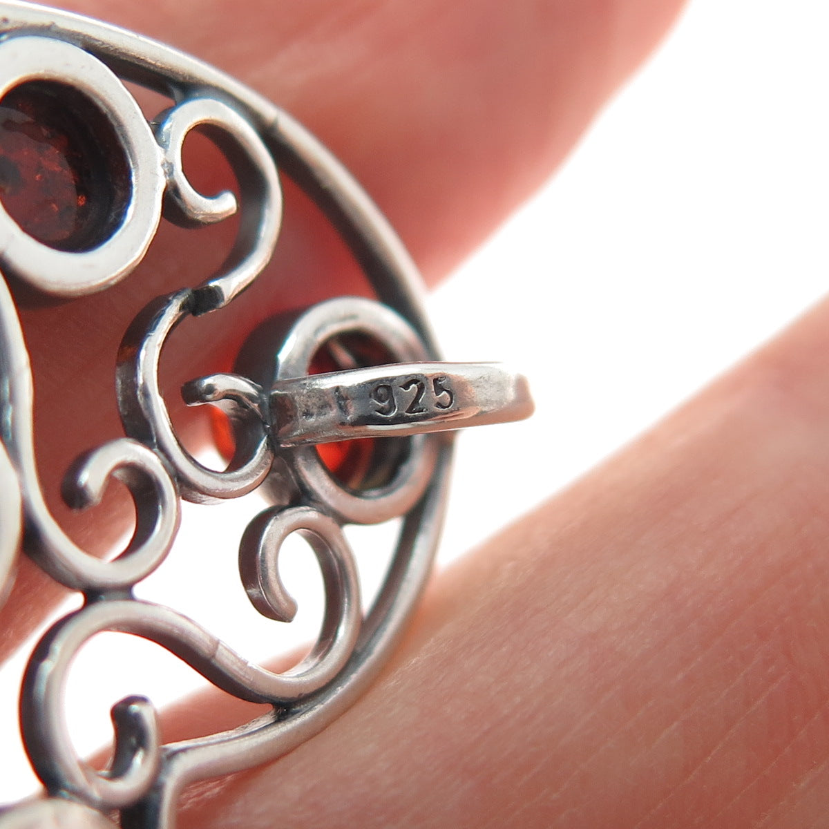 925 Sterling Silver Vintage Real Amber Modernist Swirl Heart Slide Pendant