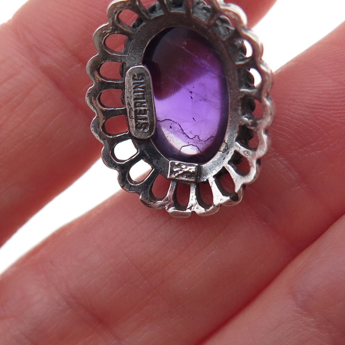 925 Sterling Silver Vintage Real Amethyst Floral Oxidized Charm Pendant