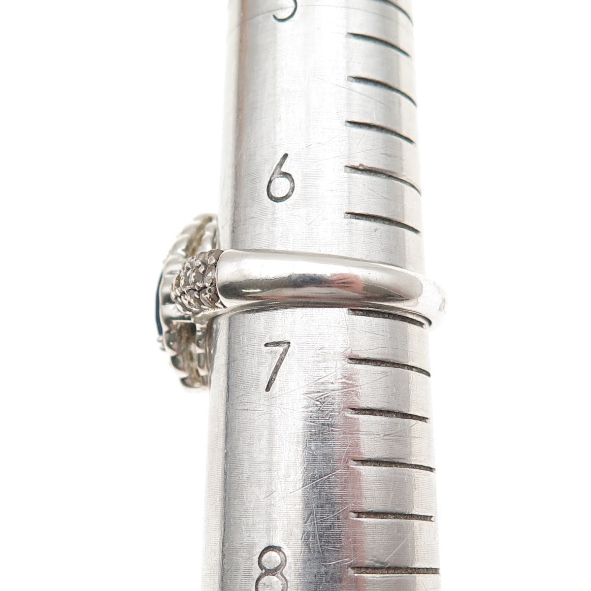 925 Sterling Silver Real Round-Cut Diamond & Sapphire Ring Size 6.75