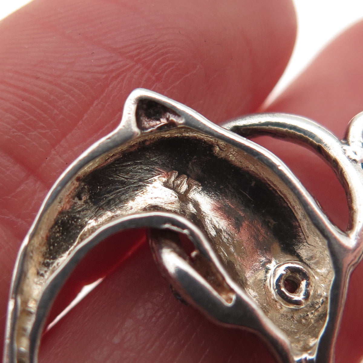 925 Sterling Silver Vintage Round-Cut C Z Dolphin Oxidized Charm Pendant