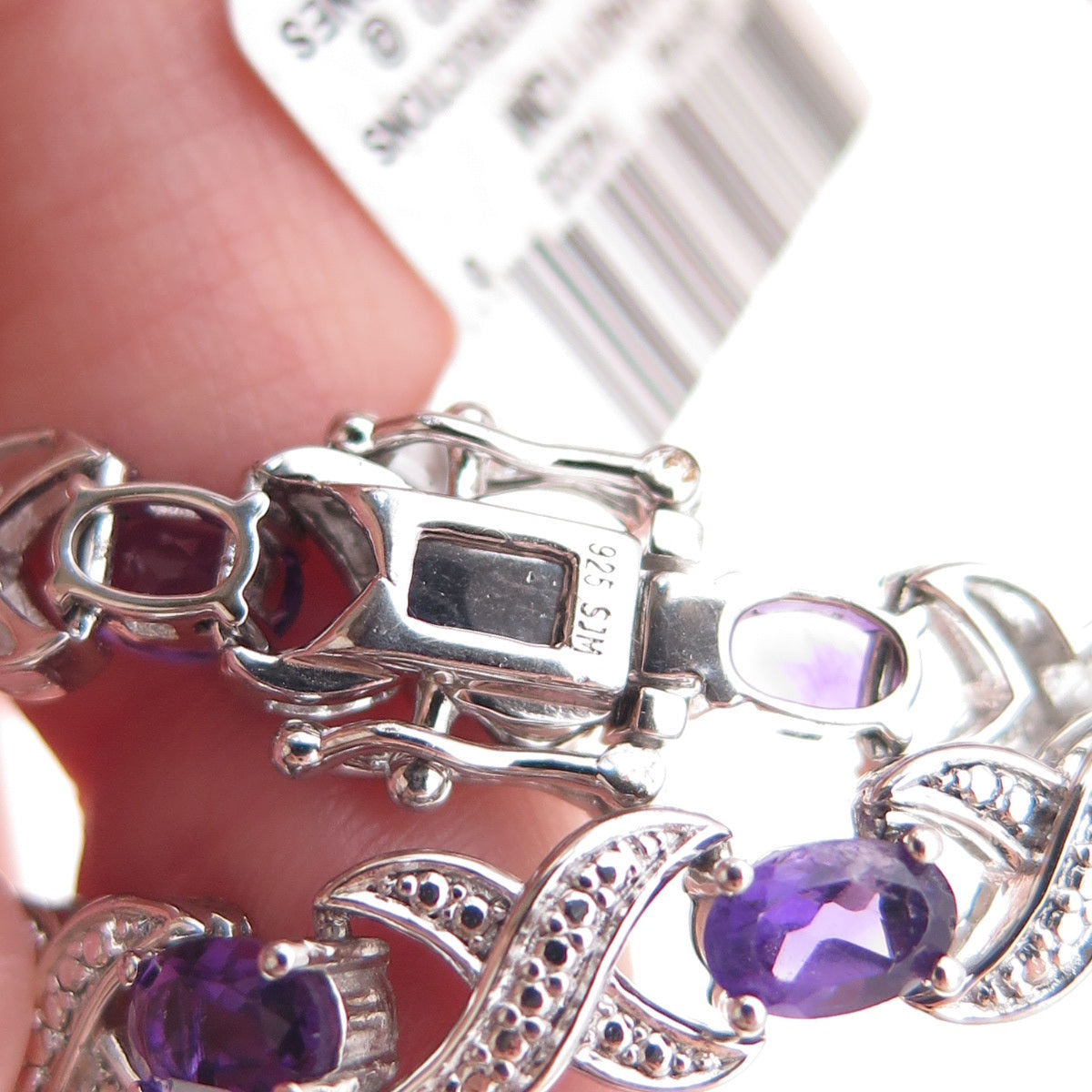 925 Sterling Silver Real Diamond & Amethyst Infinity Link Bracelet 7.25"