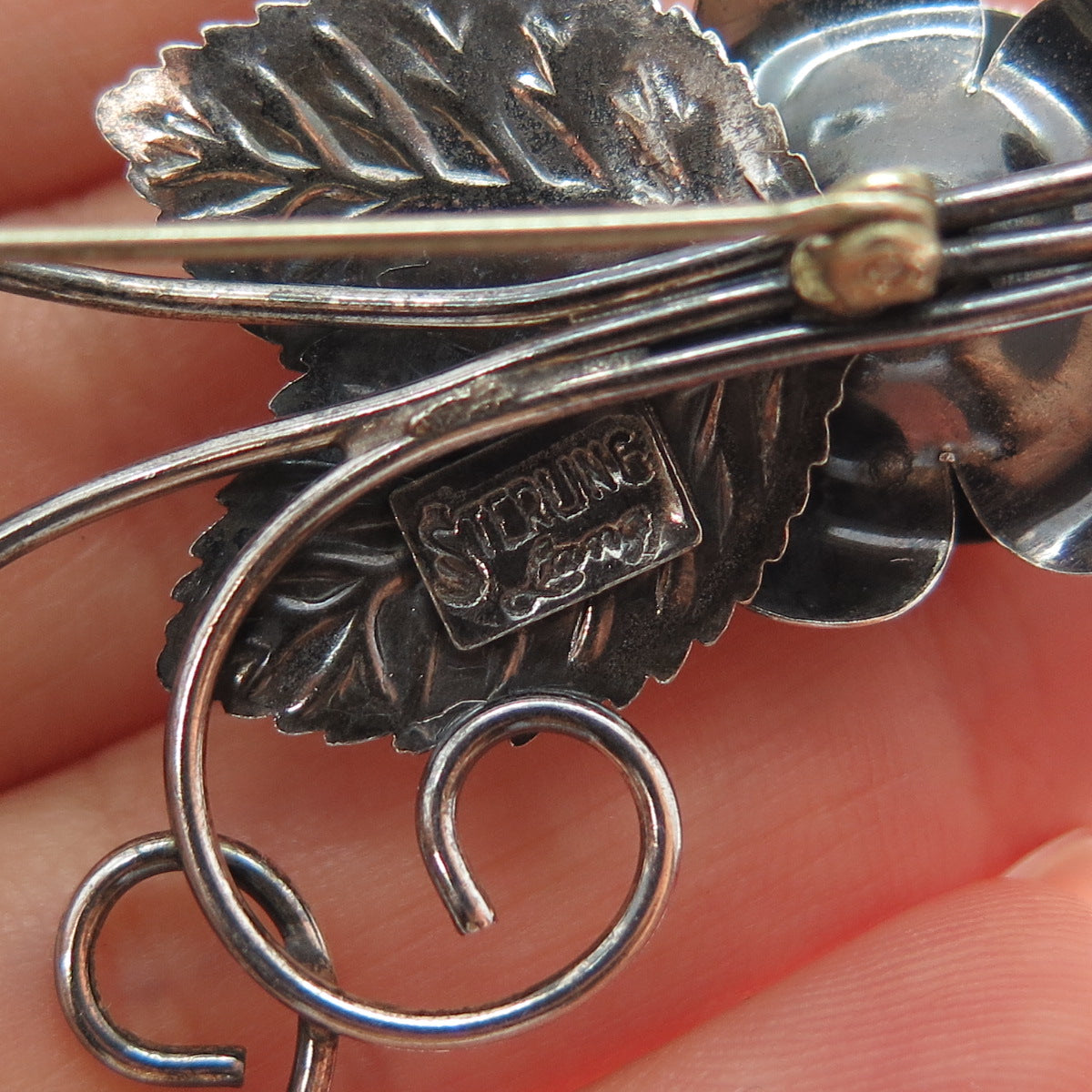 LANG 925 Sterling Silver Vintage Rose Flower Oxidized Pin Brooch