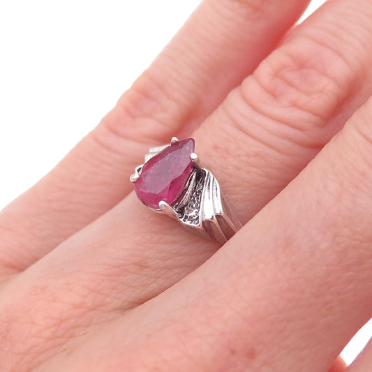 925 Sterling Silver Vintage Real Pink Tourmaline Teardrop Oxidized Ring Size 4.5