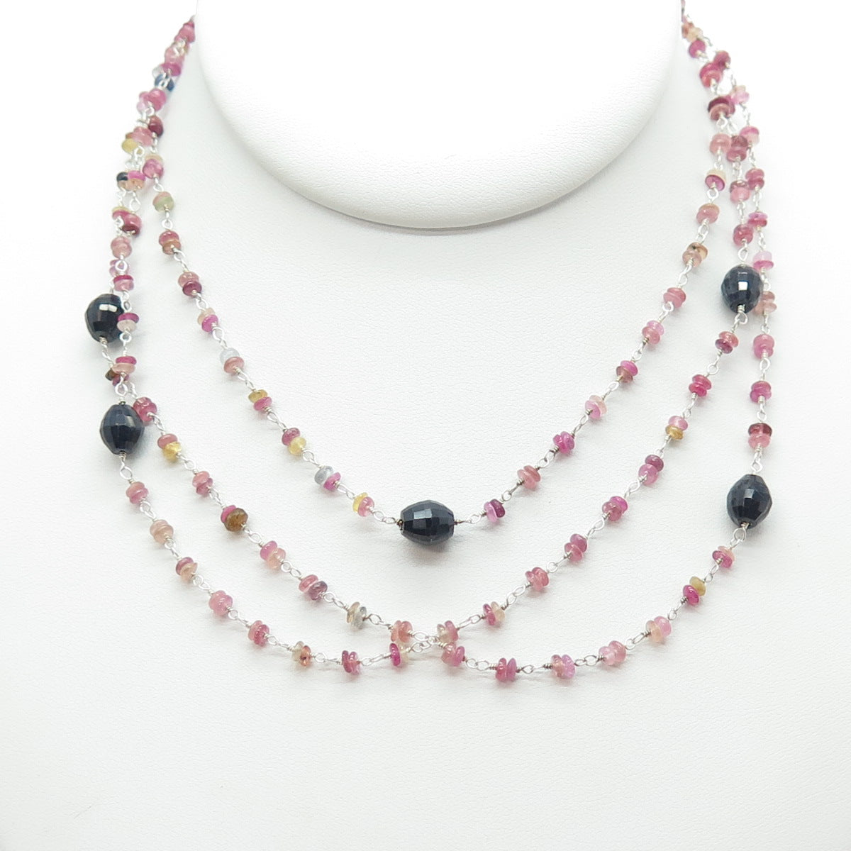 925 Sterling Silver Vintage Real Sapphire & Ruby Beads Long Chain Necklace 44"