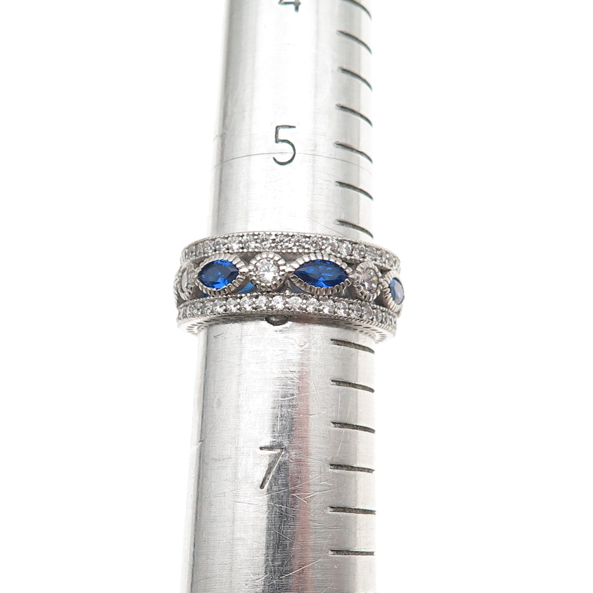 925 Sterling Silver Blue & White C Z All Around Band Ring Size 6.25