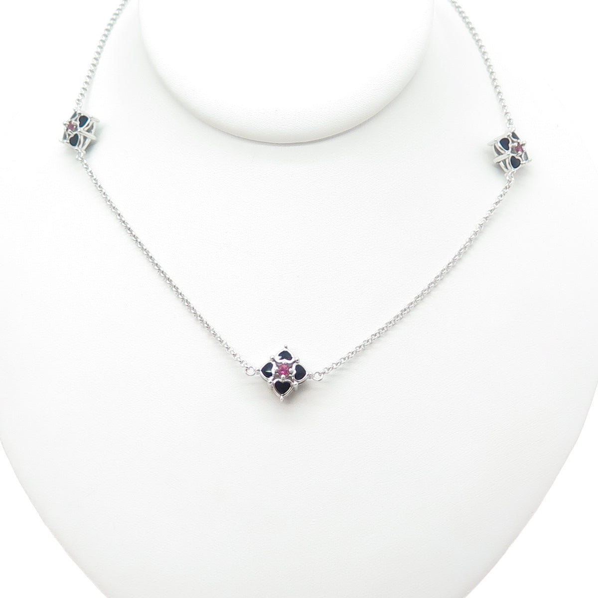 925 Sterling Silver Enamel Real Tourmaline Flower By The Yard Long Necklace 34"