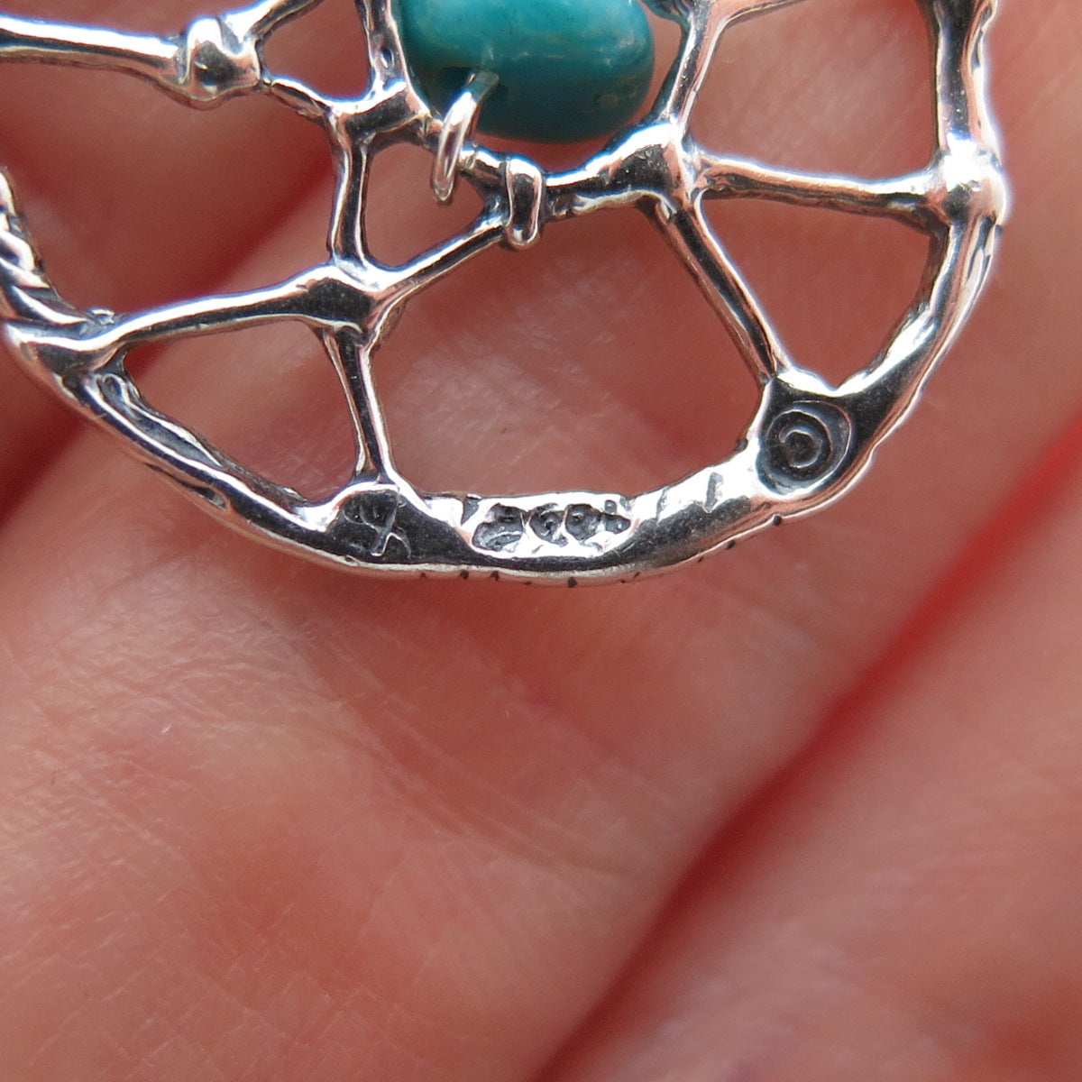 SHUBE Sterling Vintage Turquoise Dreamcatcher Feather Spring Ring Lock Pendant