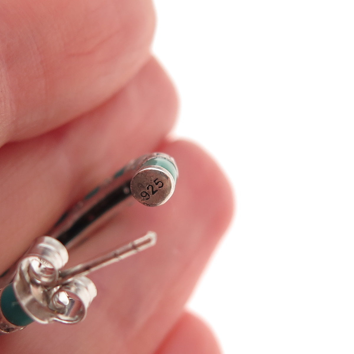 925 Sterling Silver Enamel & C Z Bamboo Hoop Earrings