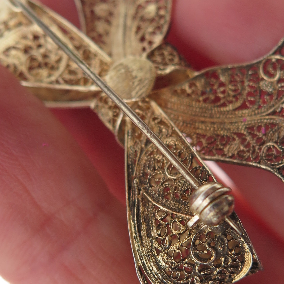 925 Sterling Silver Gold Plated Antique Art Deco Enamel Bow Filigree Pin Brooch