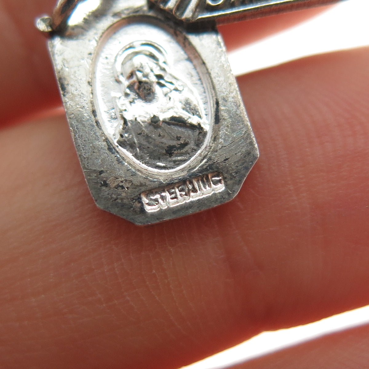 925 Sterling Silver Antique Enamel St. Mary Religious Baby Slide Mini Pendant