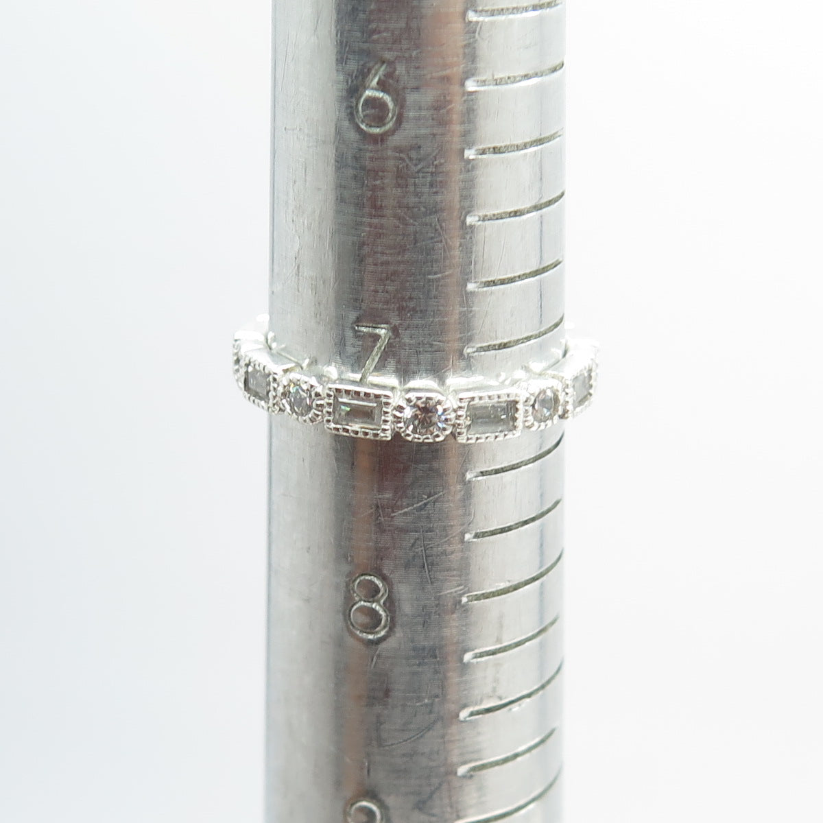 925 Sterling Silver Round & Baguette-Cut C Z Stackable Band Ring Size 7.25