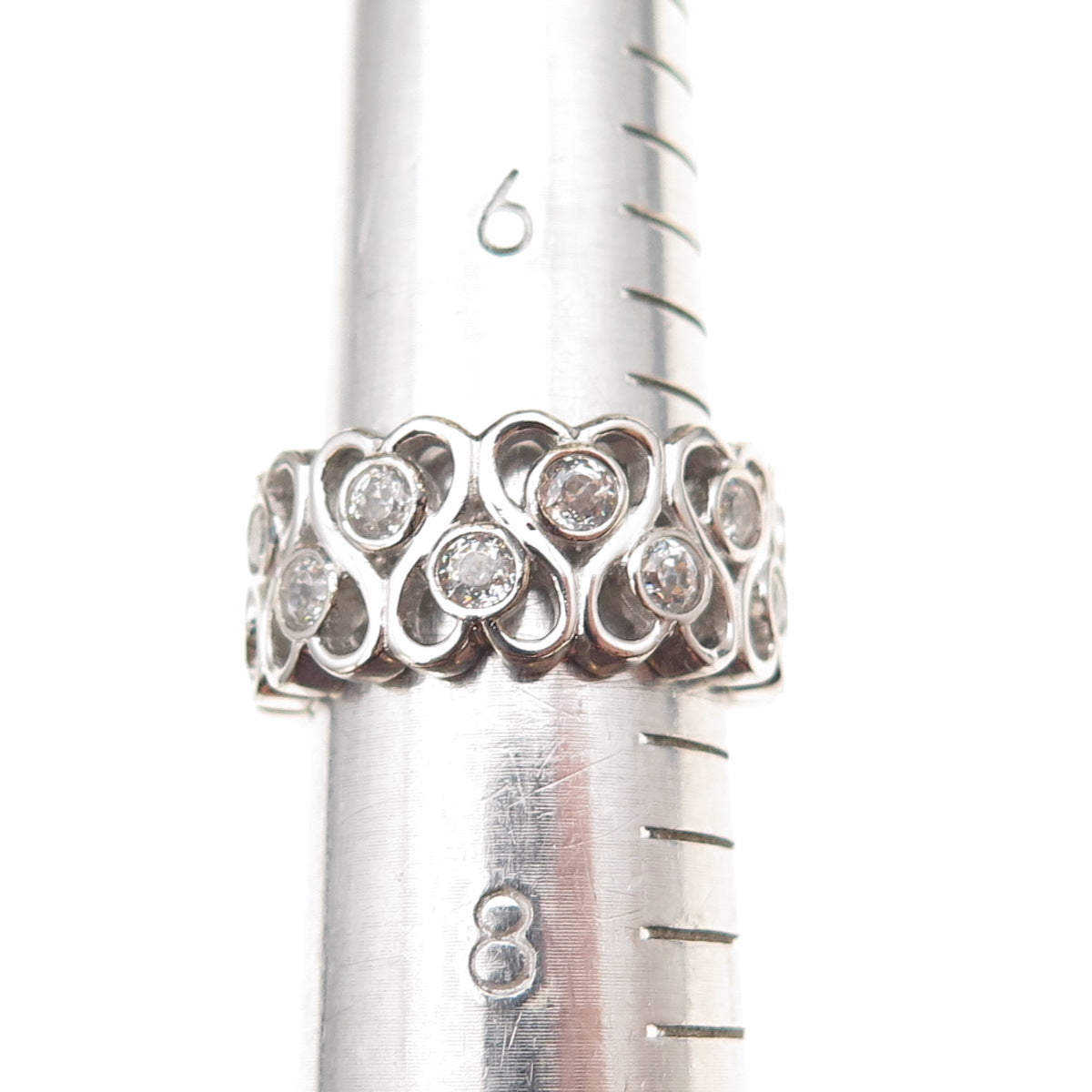 925 Sterling Silver Round-Cut C Z Heart Ornate Band Size 7.25