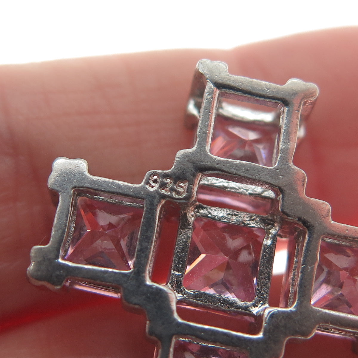 925 Sterling Silver Pink Princess-Cut Shaped C Z Cross Slide Pendant