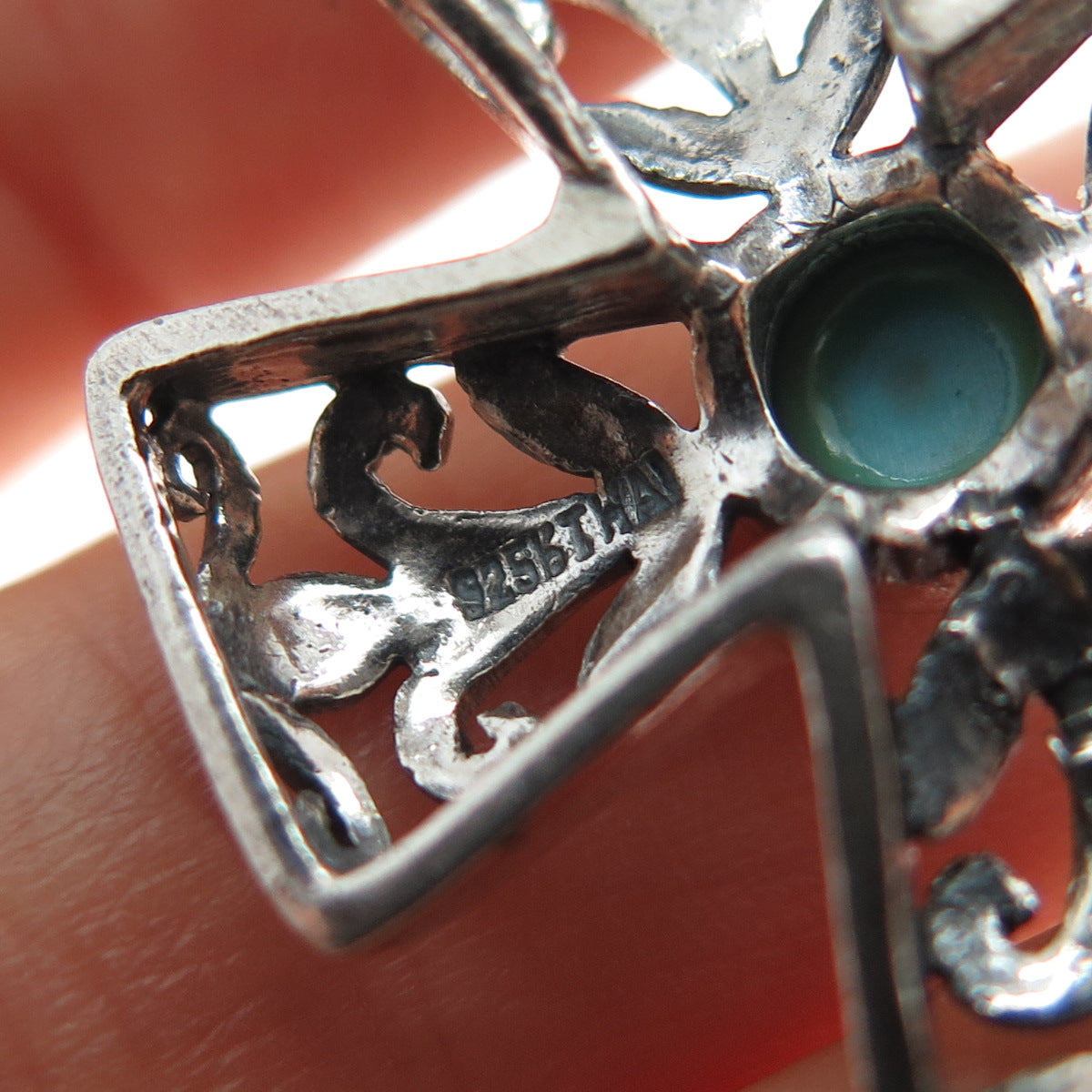 KEN CRAFTS 925 Sterling Silver Vintage Real Turquoise Ornate Cross Slide Pendant