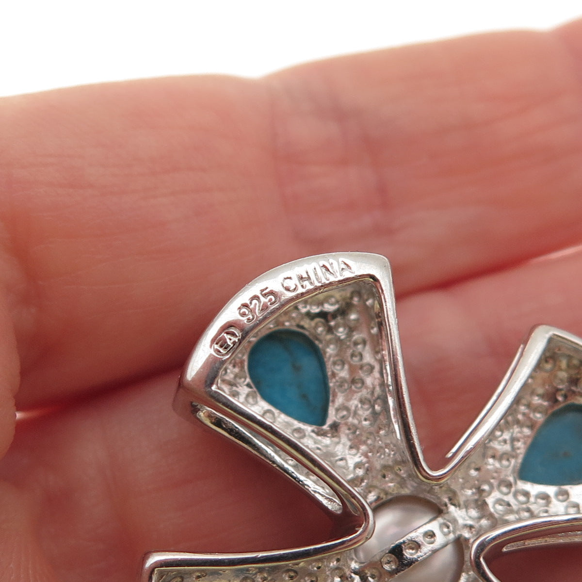 925 Sterling Silver Real Pearl & Turquoise Cross Slide Pendant