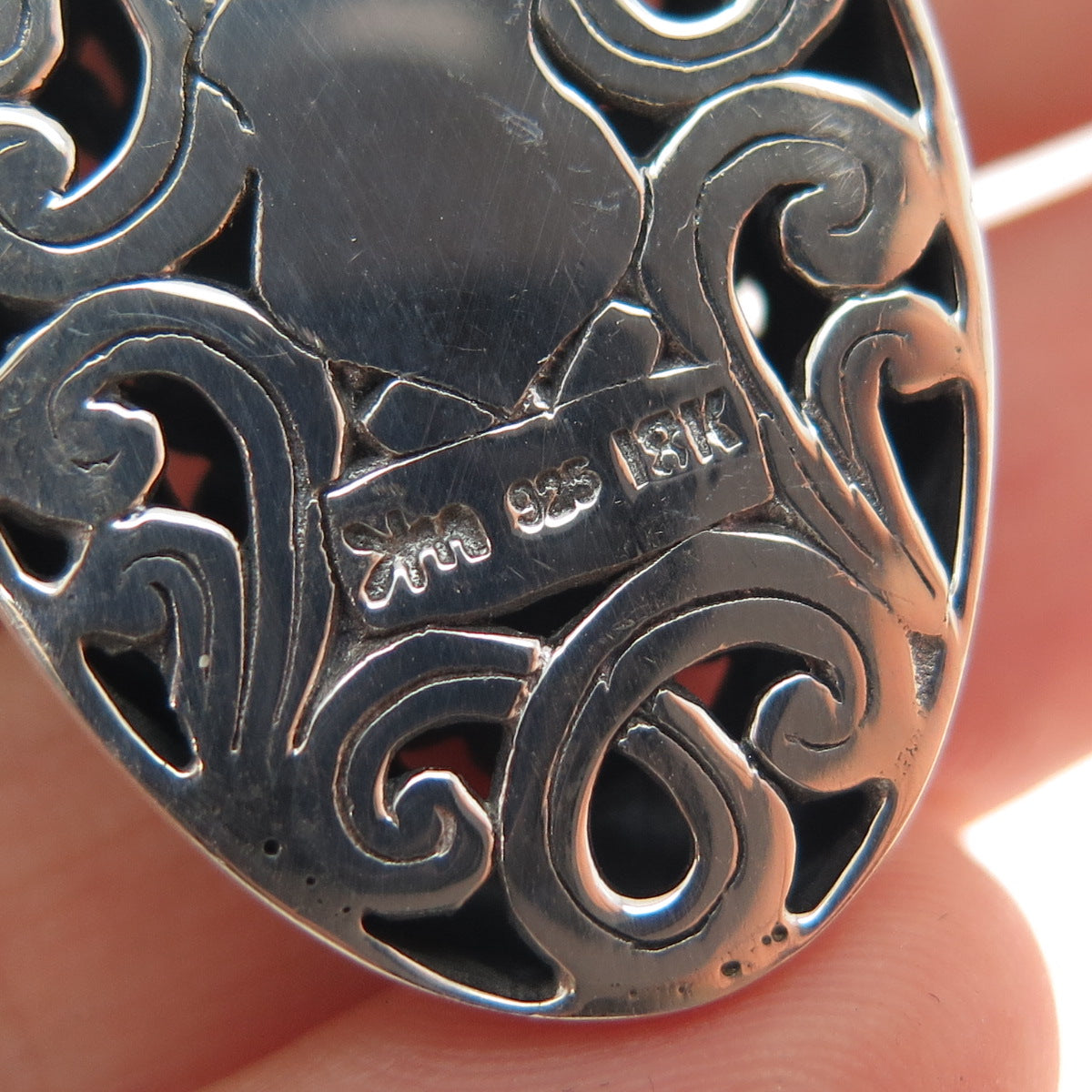 925 Sterling Silver & 18K Gold Vintage Ornate Flower Oxidized Charm Pendant