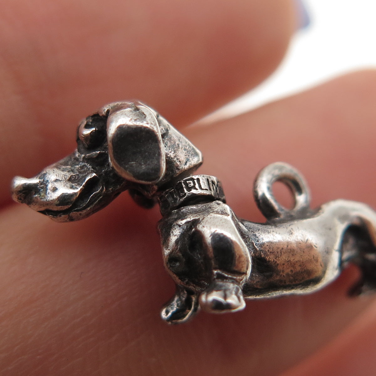 925 Sterling Silver Vintage Dachshund Oxidized Articulated Mini 3D Charm Pendant