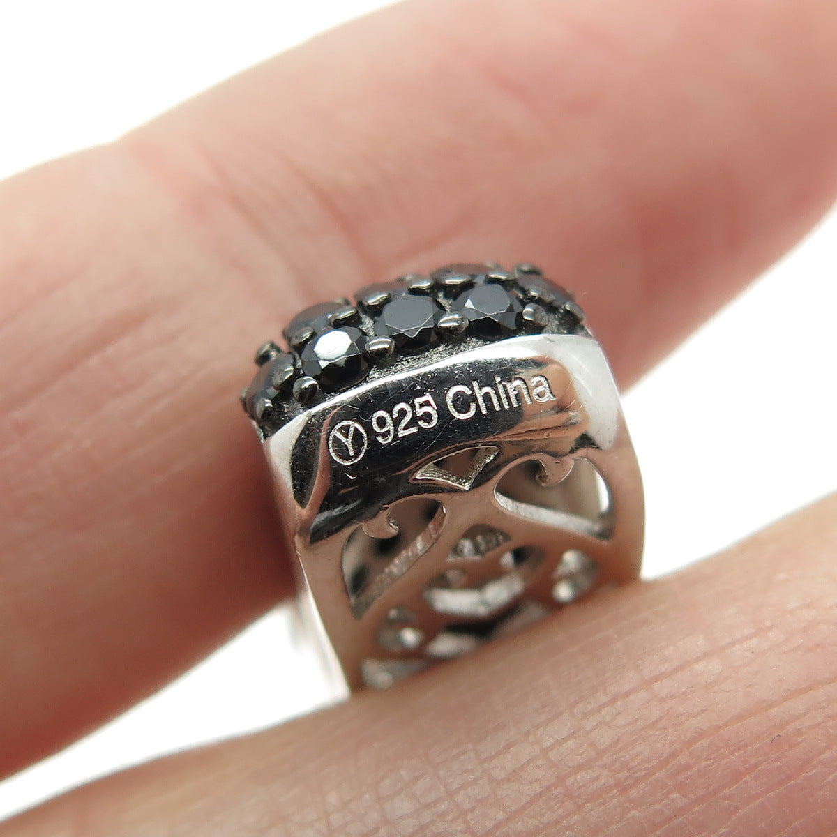 925 Sterling Silver Real Round & Cushion-Cut Black Spinel Slide Pendant