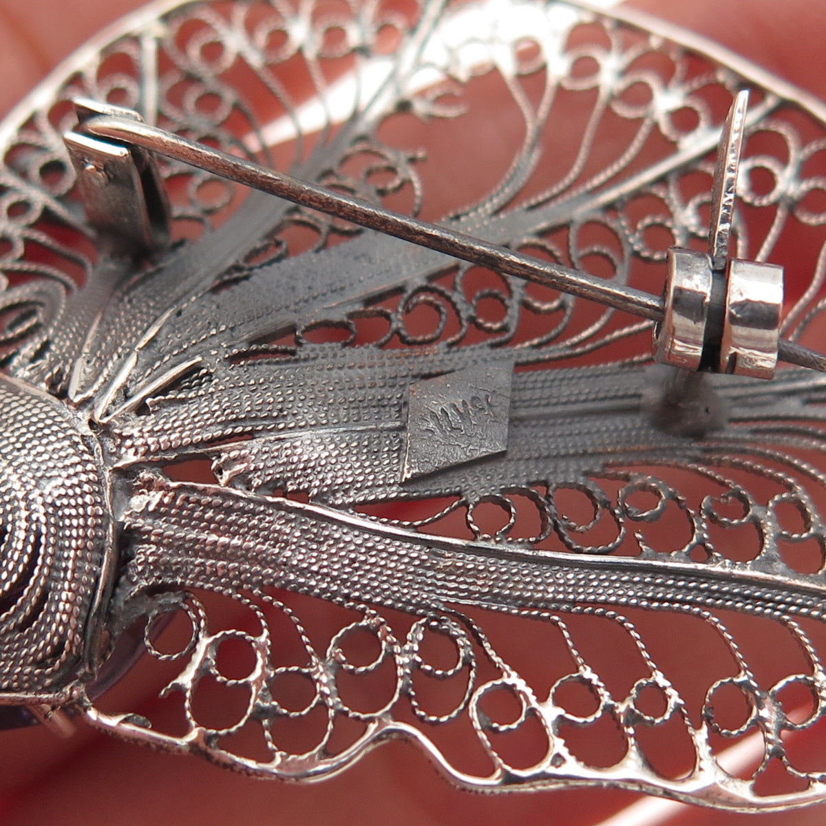 925 Sterling Silver Vintage Real Amethyst Floral Filigree Oxidized Pin Brooch