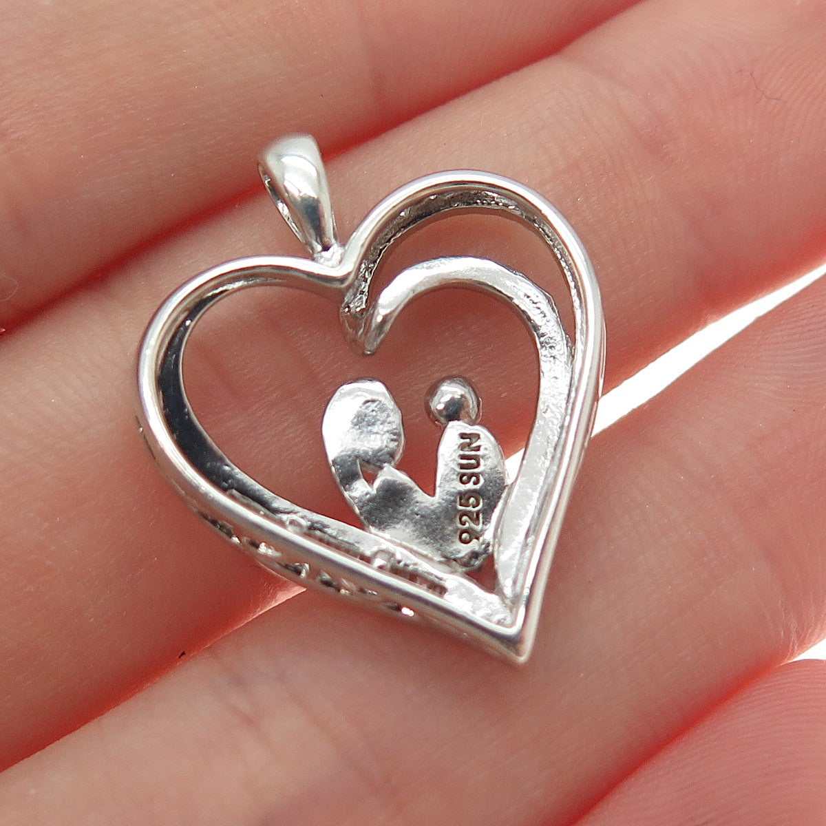 SUN 925 Sterling Silver Real Multi-Cut Diamond Mom & Child Heart Charm Pendant