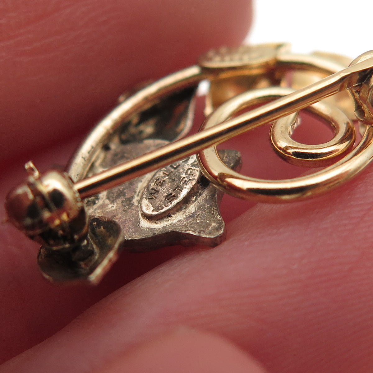 Wells Sterling Silver Gold Filled Antique Art Deco Enamel Owl Floral Pin Brooch