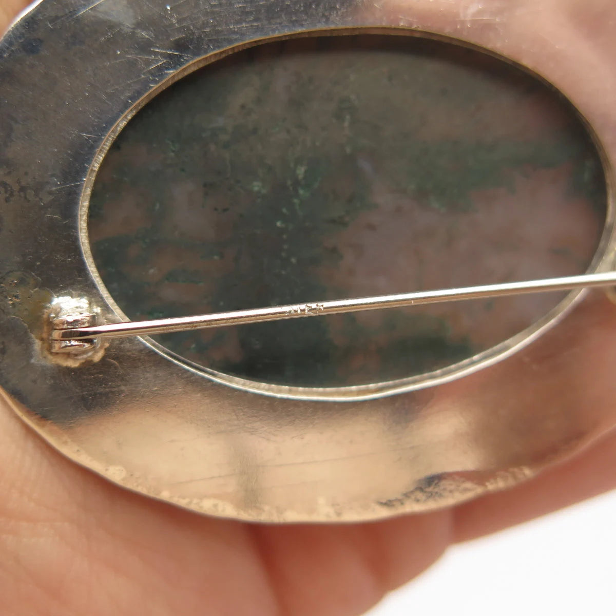925 Sterling Silver Vintage Real Large Agate Gemstone Pin Brooch