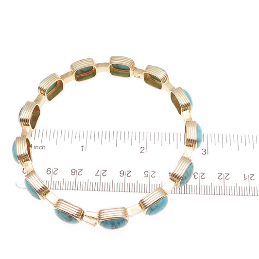 925 Sterling Silver Gold Plated Real Tyrone Turquoise Station Bangle Bracelet 8"