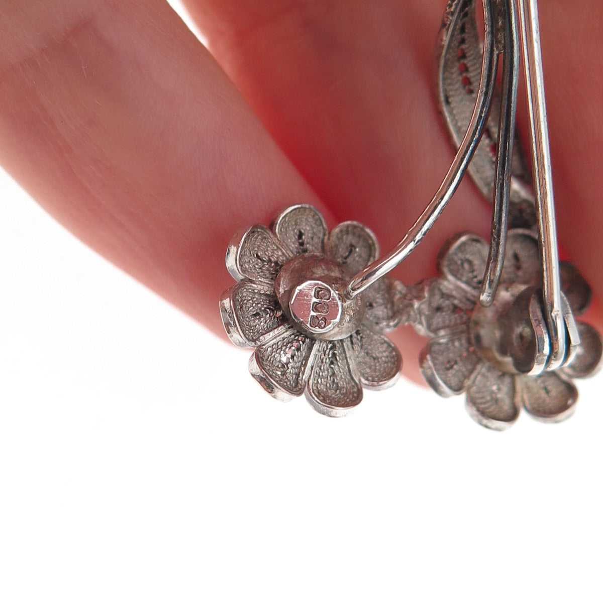 800 Silver Antique Art Deco Daisy Flower Filigree Oxidized Pin Brooch