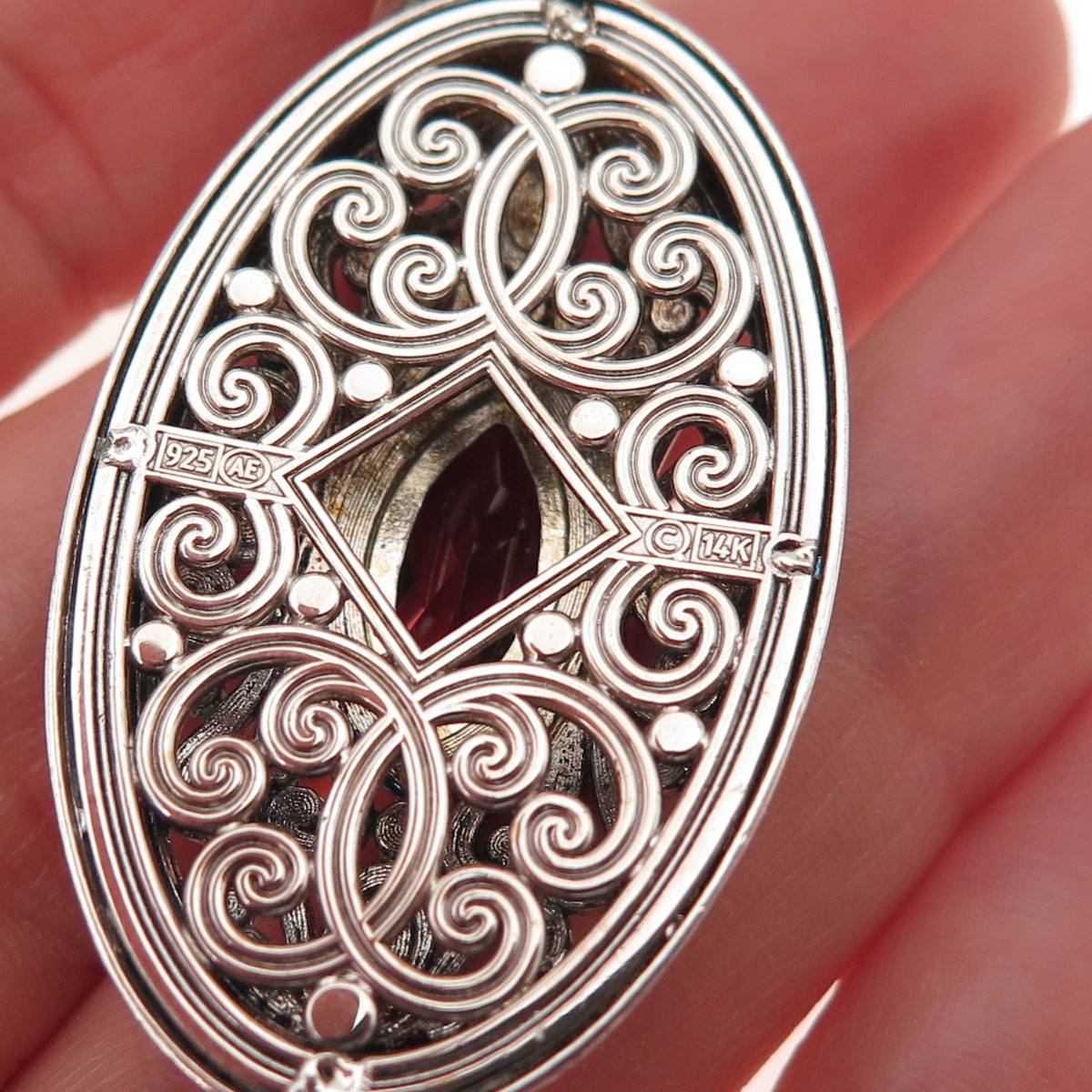 Art's Elegance Sterling Silver 14K Gold Vintage Real Red Garnet Floral Pendant
