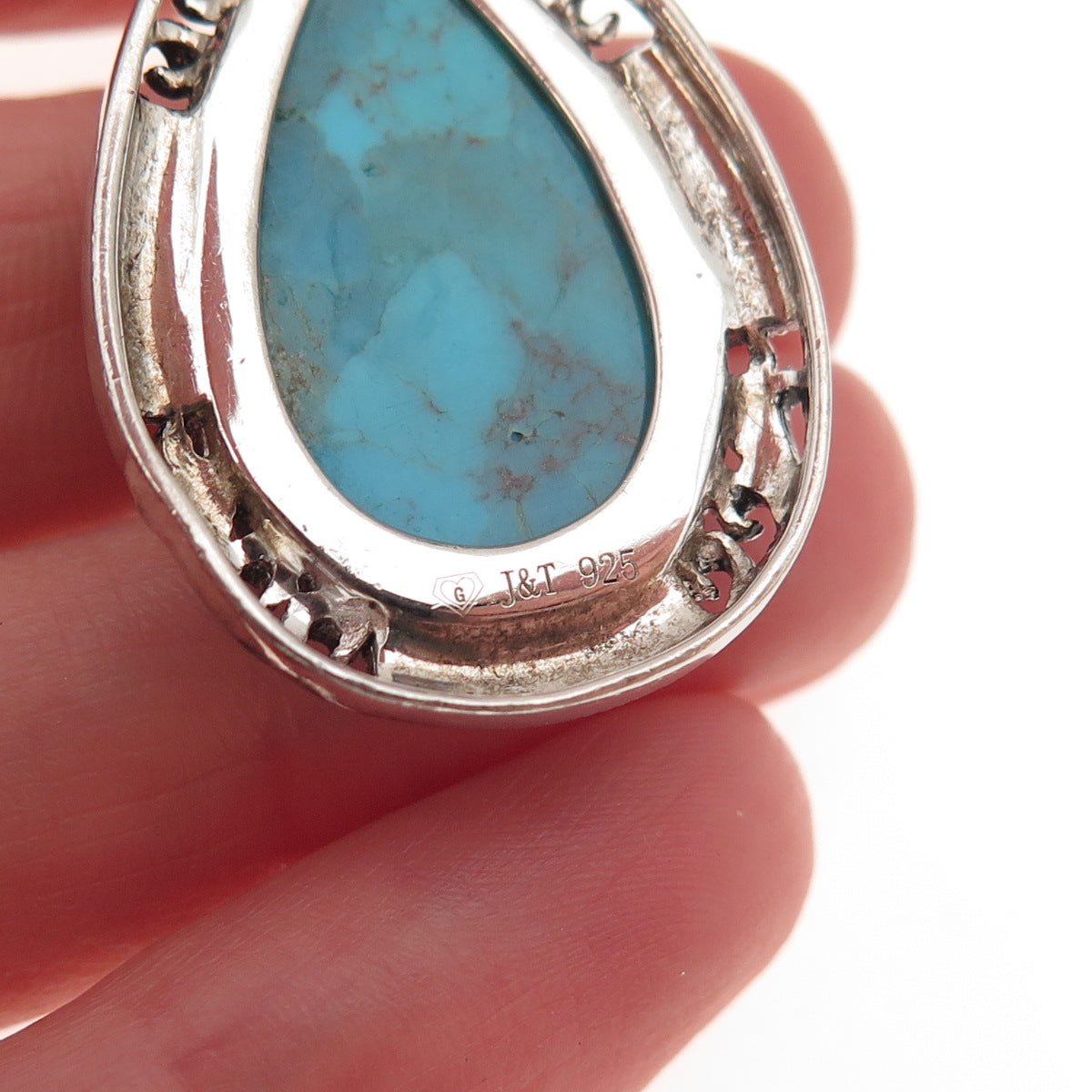 925 Sterling Silver Real Turquoise & Marcasite Teardrop Oxidized Charm Pendant