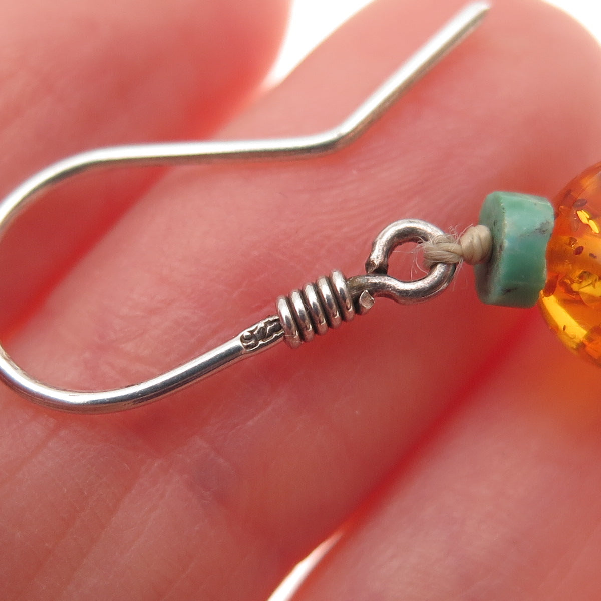 925 Sterling Silver Vintage Real Turquoise & Amber Beaded Dangle Earrings