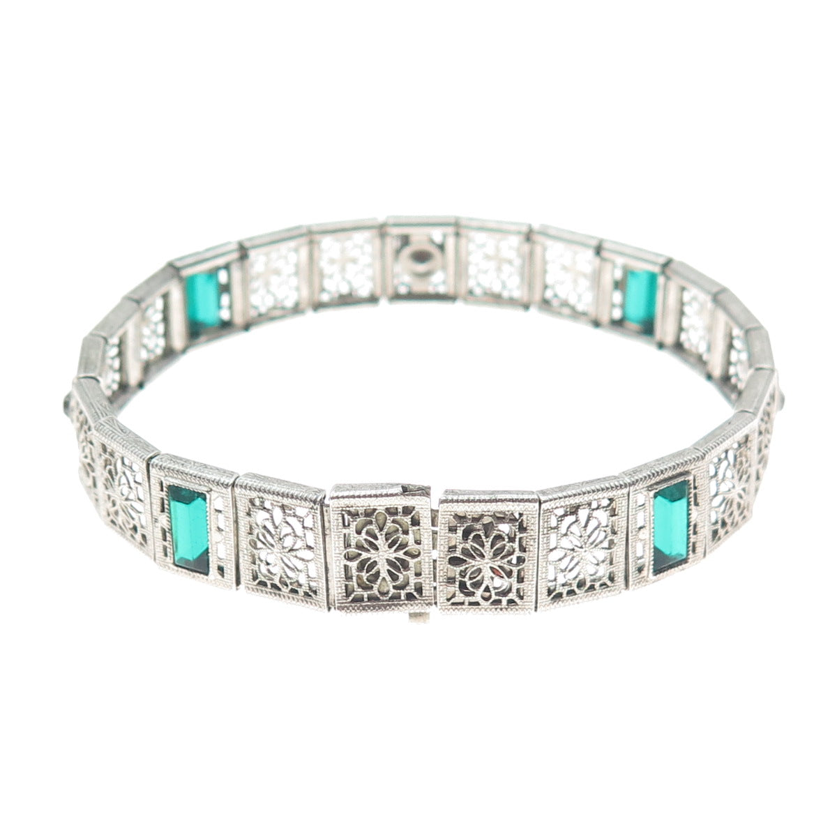 925 Sterling Silver Antique Emerald-Cut Glass & Rhinestone Filigree Bracelet 7"