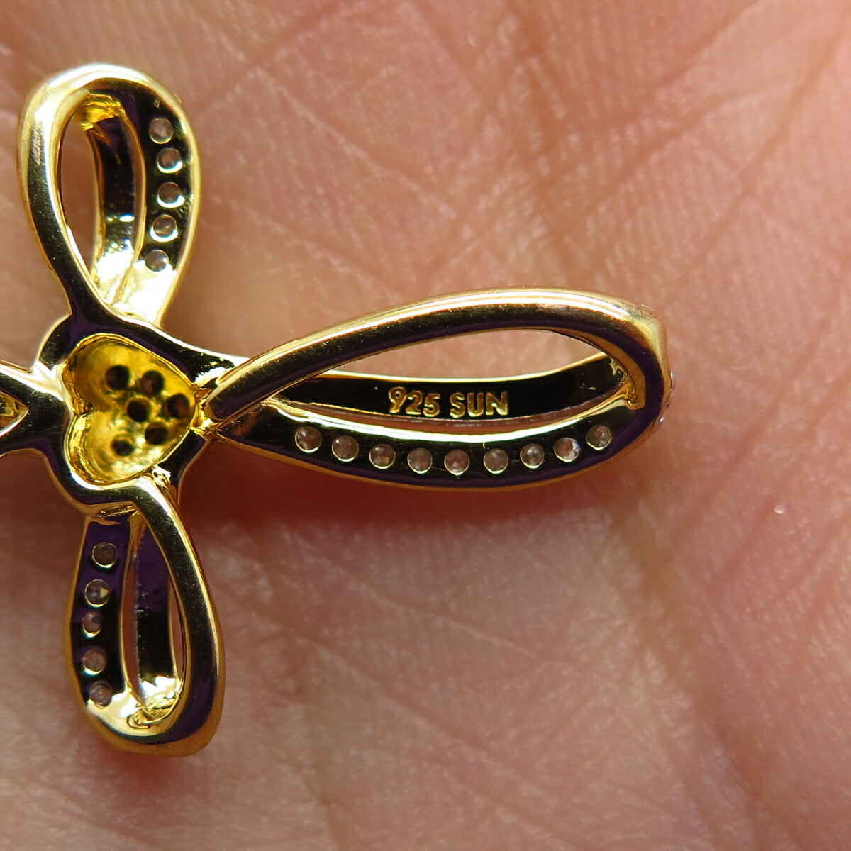 925 Sterling Silver Gold Plated SUN Real White Diamond Cross Slide Pendant