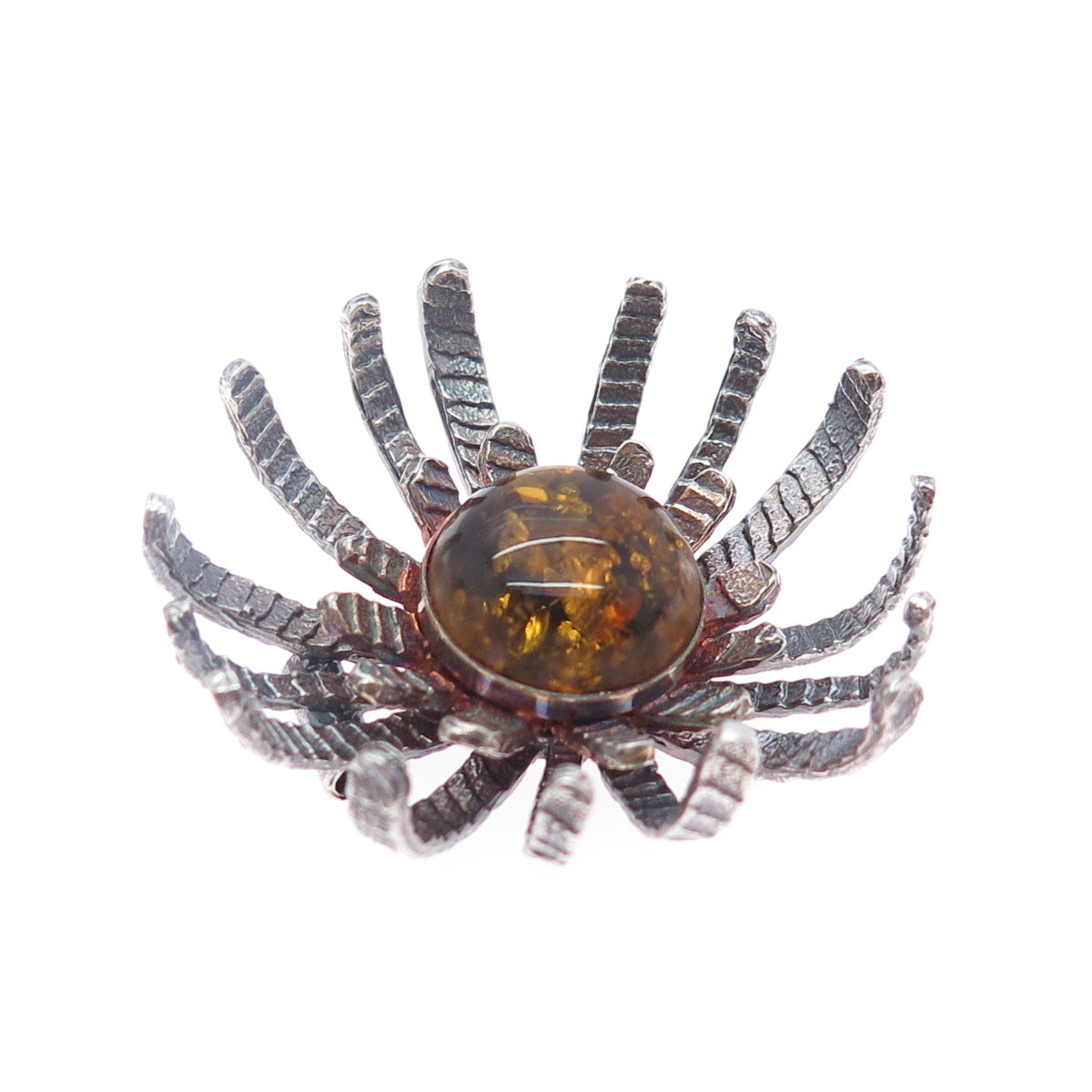 ENNY Sterling Silver Vintage Real Amber Modernist Flower Oxidized Slide Pendant