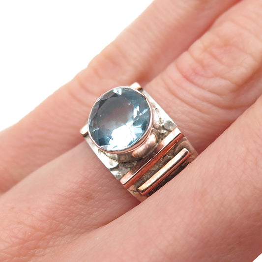 925 Sterling Silver 2-Tone Vintage Blue C Z Modernist Oxidized Ring Size 6.25